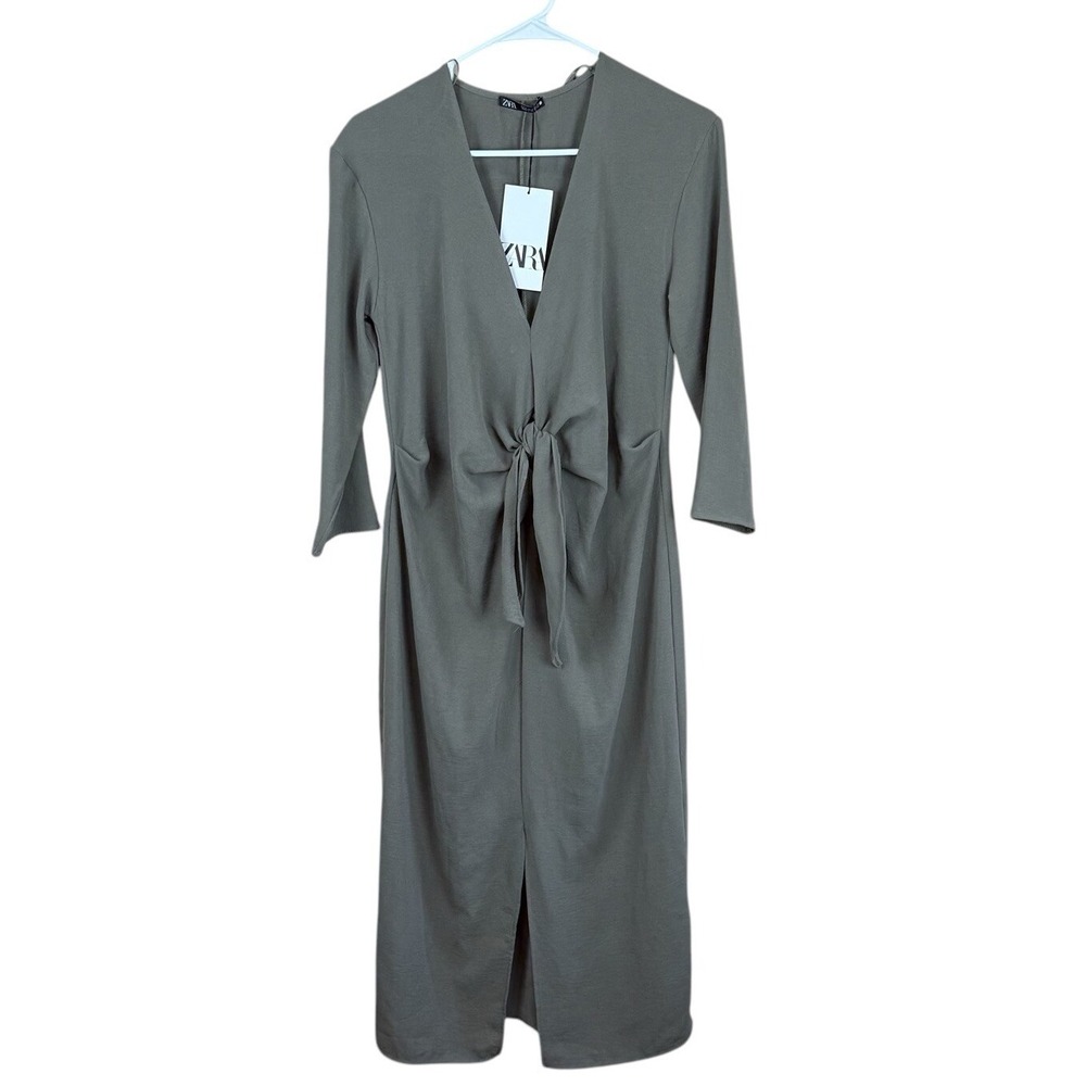 Zara Womens  Flowing Midi Dress with Knot Detail Size Small‎ Sage Green NWT